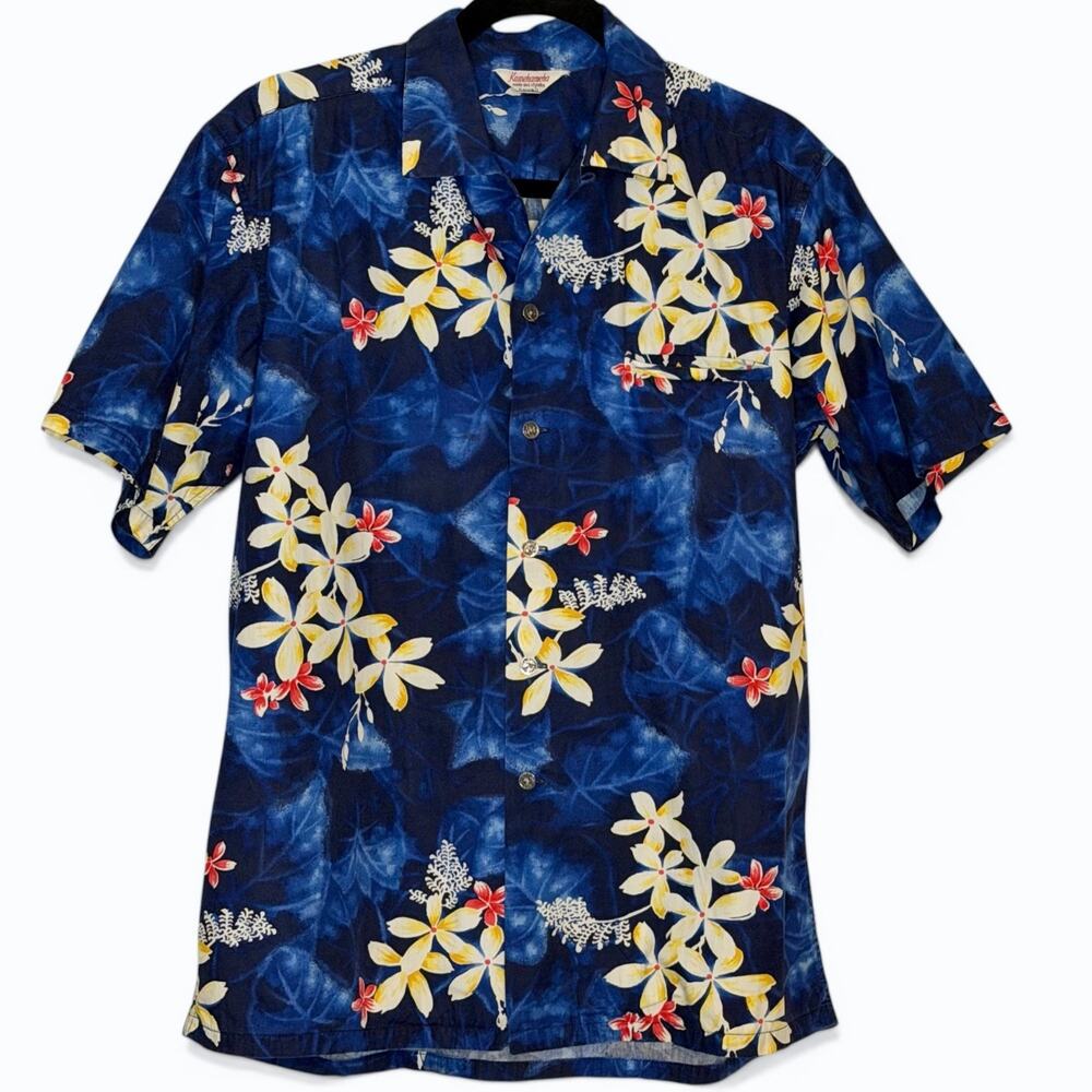 Vintage Kamehameha Hawaiian Shirt Blue Floral Aloha 50s 60s Made Hawaii Size L